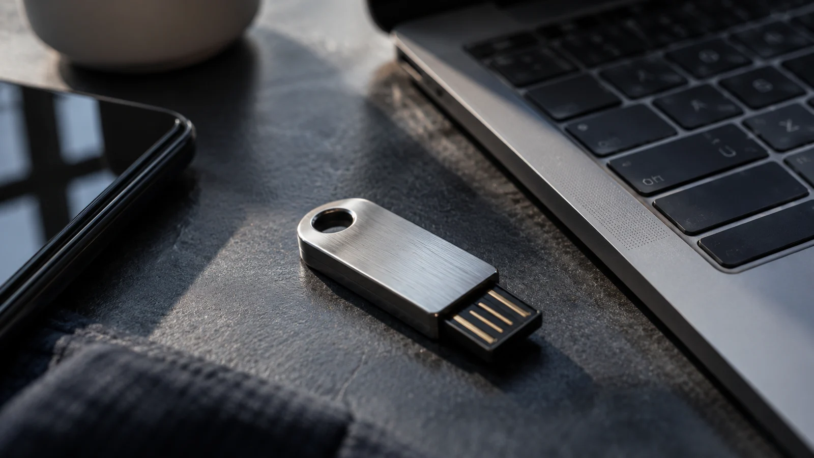 Металлический USB-ключ безопасности рядом с ноутбуком